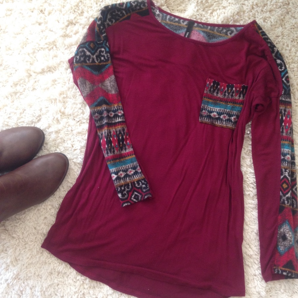 Long sleeve tribal detail maroon shirt